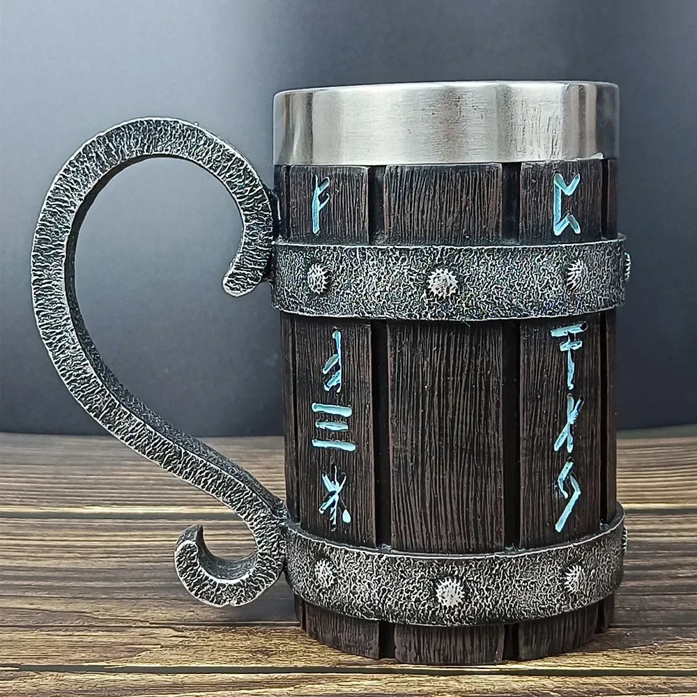 Viking Vintage Oak Barrel Beer Mug Stein with Stainless Steel Liner Coffee Cup Tea Mug Large Capacity Mug Pub Bar Party Gift Good Vibrations