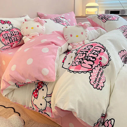 Sanrio 100% Cotton Bedding Set Cute Hello Kitty Kuromi Melody King Queen Pillowcase Bed Linens Girl Dorm Bedclothes Home Textile Good Vibrations