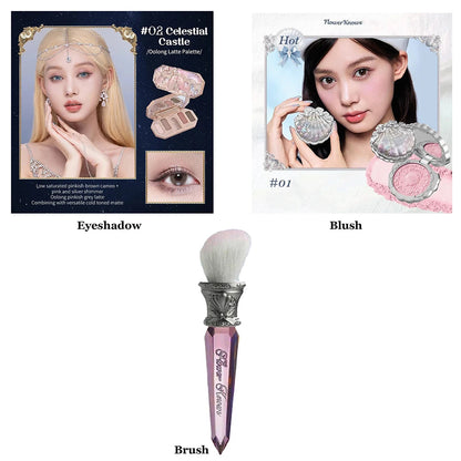Flower Knows Moonlight Mermaid Series Glitter Eyeshadow Palette High Pigment Shell Jewelry Blush Makeup Brush Set Matte Finish Good Vibrations