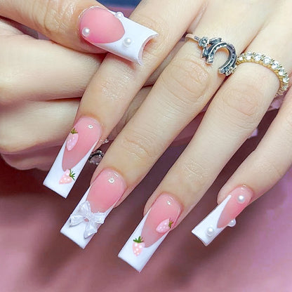 Black French Tips Press on Nails 3D White Bowknot Alloy Stars Designs Fake Nails Ballet Charms False Nails Korean Manicure 24Pcs Good Vibrations