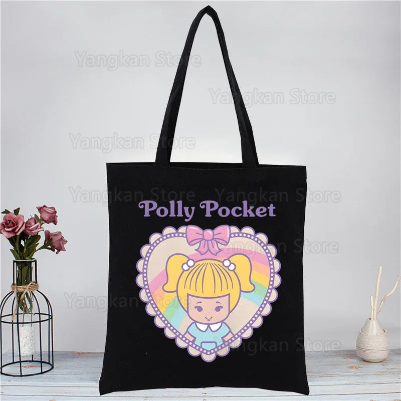Kawaii Polly Pocket Shopping Bag Women Canvas Tote Bags Printing Eco Bag Cartoon Shopper Shoulder Bags Black Good Vibrations