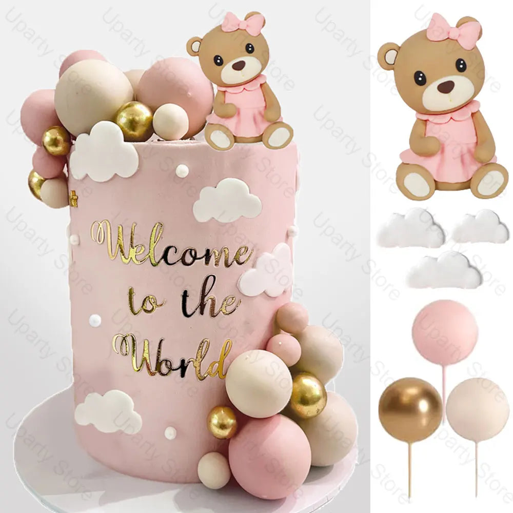 32Pcs Bear Cake Toppers Blue Pink Cake Balls Brown Bear Cake Decorations for Baby Shower 1st Birthday Party Cake Decor Favor Good Vibrations