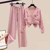 Two Piece Set For Women New In Sweater Matching Sets Korean Sweet Bow Outfit Long Sleeve Cardigan Knitwear Wide Leg Pants Set Good Vibrations