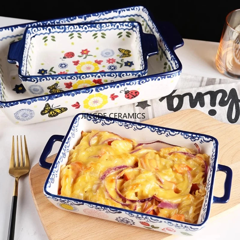 Rectangular/elliptical Double Ear Plate Cheese Baked Rice Tray Ceramic Baking Tray Oven Household Large Square Plate Tableware Good Vibrations