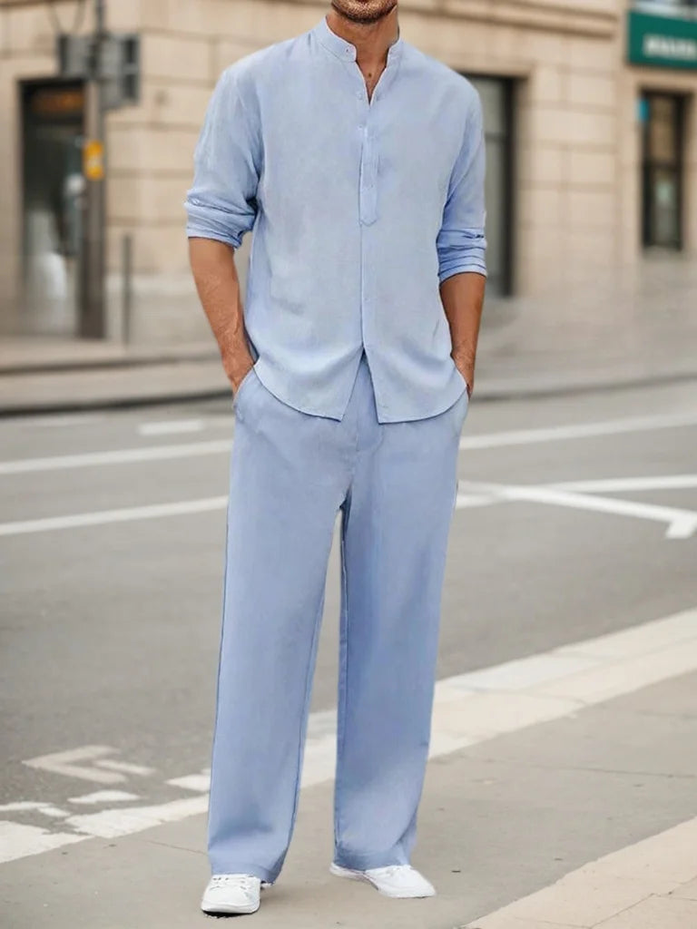 Men's Fall Casual Outfits Solid Color Henley Collar Long Sleeve Tops with Elastic Waist Pants Long Sleeve Pants Shirt Suit Good Vibrations