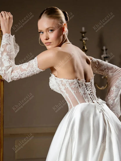 Glamorous Wedding Dresses A Line Satin Bridal Gowns Lace Appliques Strapless Backless Robes Vestidos De Novia Customized 2025 Good Vibrations