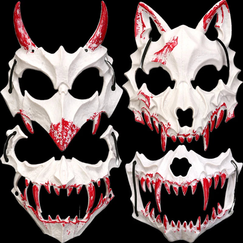 Halloween Bone Skull Masks Half-face Bloody Mask Cosplay Dragon God Fierce Tiger Night Fork Tengu Man Wolf Mask Party Decor Prop Good Vibrations