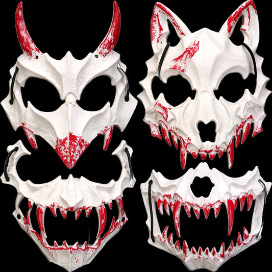 Halloween Bone Skull Masks Half-face Bloody Mask Cosplay Dragon God Fierce Tiger Night Fork Tengu Man Wolf Mask Party Decor Prop Good Vibrations