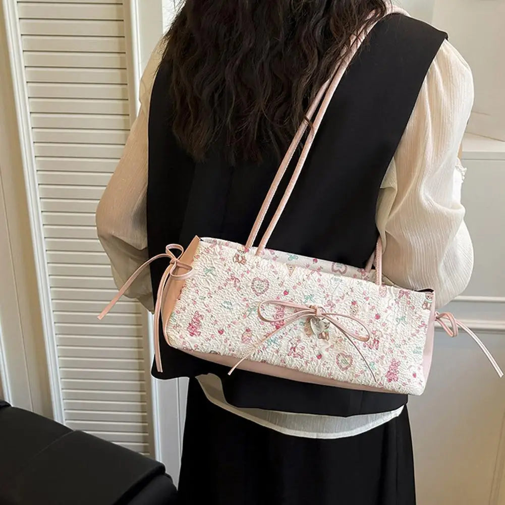 Cartoon Print Shoulder Bag Sweet Women Bow Underarm Bag Commuter Versatile Handbag Pleated Tote Bag Casual Practical Bag Good Vibrations