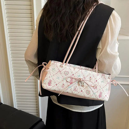 Cartoon Print Shoulder Bag Sweet Women Bow Underarm Bag Commuter Versatile Handbag Pleated Tote Bag Casual Practical Bag Good Vibrations