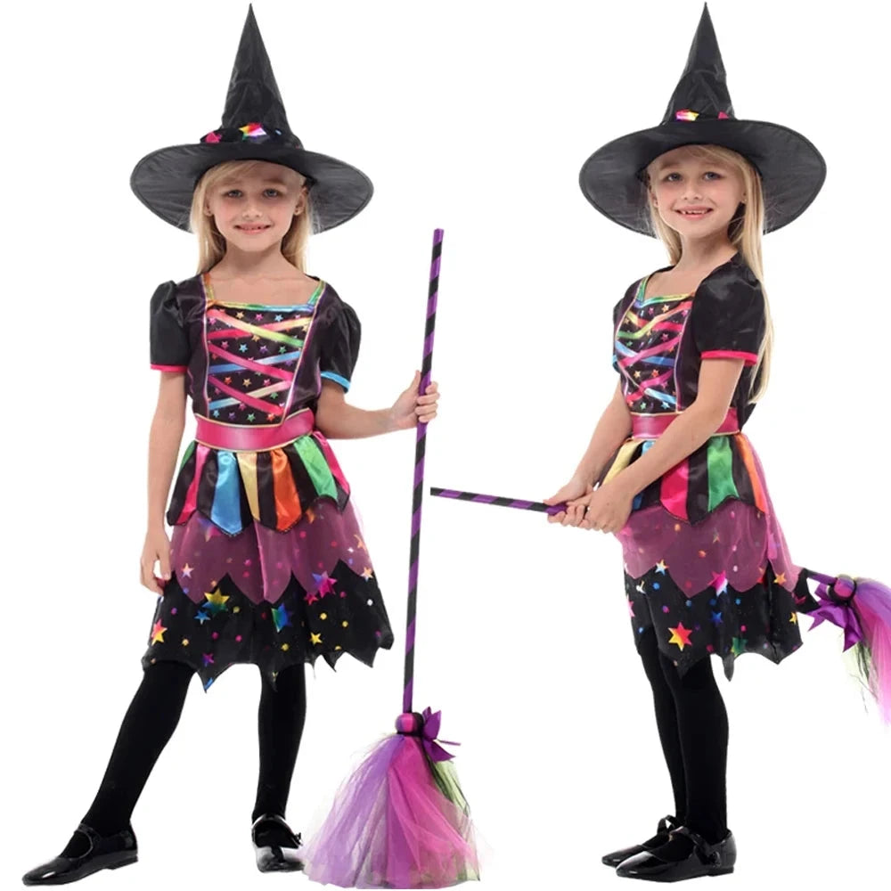Halloween Children's Witch Dress - Comes with Hat, Halloween Role Playing Costume,Colorful Star Pattern Printed Carnival Costume Good Vibrations