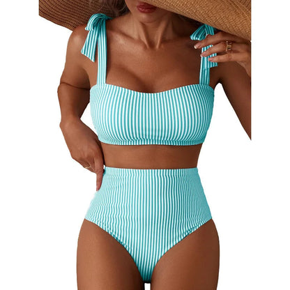 Women's 2026 Two Piece Bikini Set Striped High Waist Tie Shoulder Swimsuit Summer Beachwear Good Vibrations
