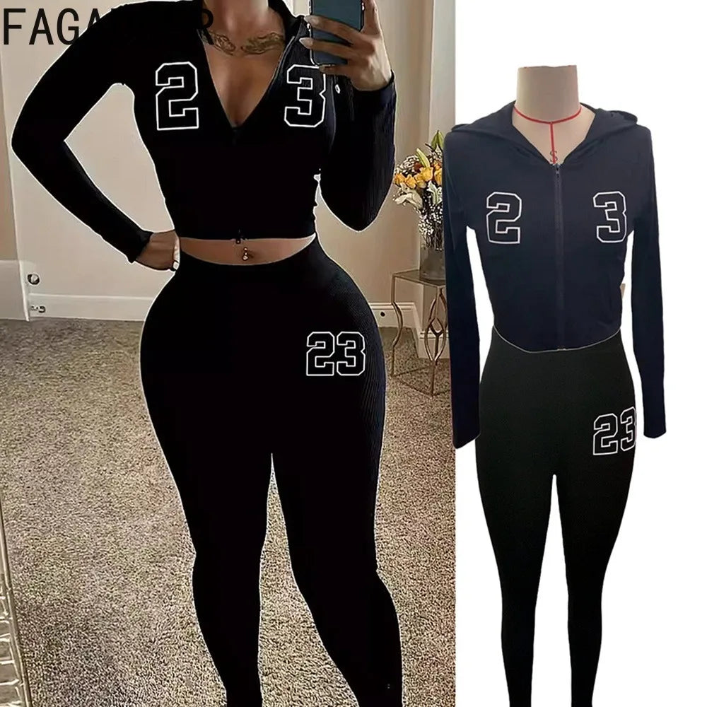 FAGADOER Letter Print Casual 2 Piece Sets Outfit Black Long Sleeve Zip Crop Top and Leggings Suit Sporty Jogger Street Wear Fall Good Vibrations