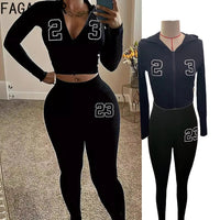 FAGADOER Letter Print Casual 2 Piece Sets Outfit Black Long Sleeve Zip Crop Top and Leggings Suit Sporty Jogger Street Wear Fall Good Vibrations