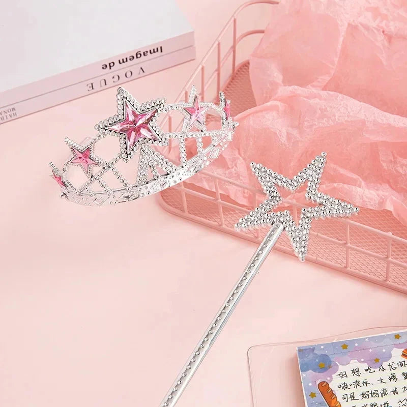 Halloween Pink Princess Cosplay Accessories Girls Crown Wand Neacklace Bag Gloves Accessory Sets For Children Birthday Gifts Good Vibrations