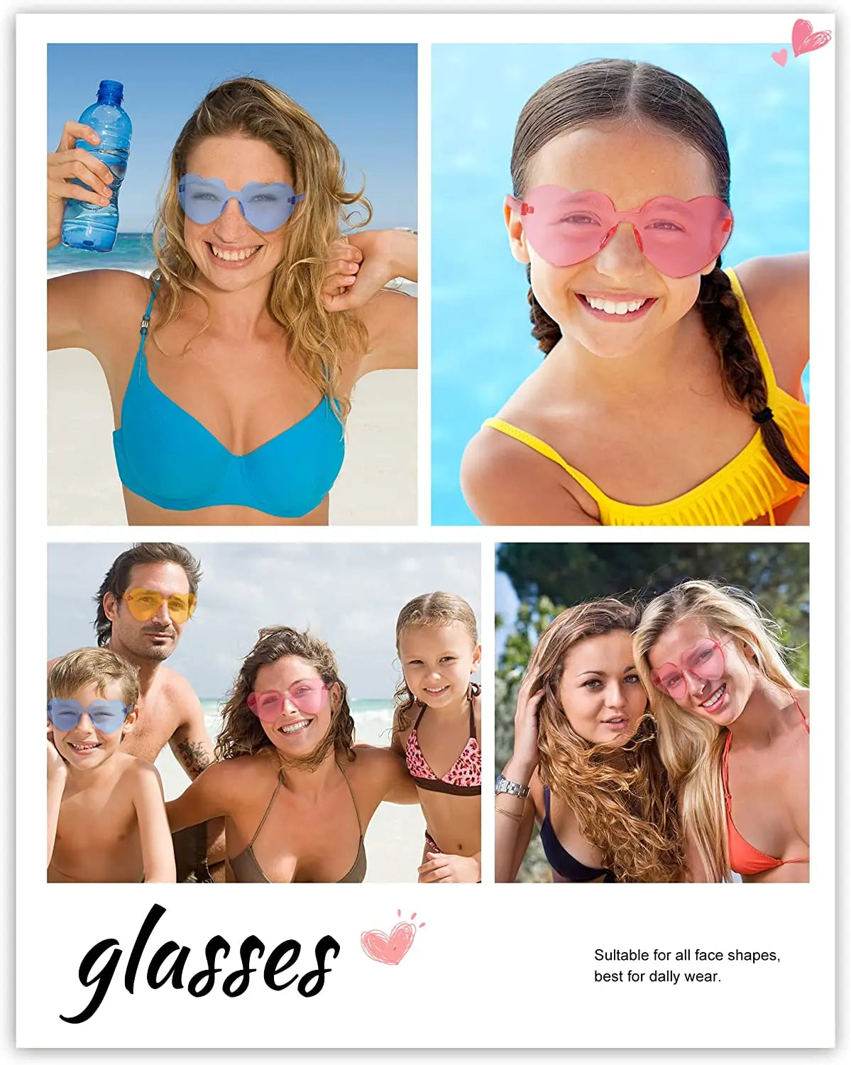 Color Transparent Sunglasses Women Heart Shaped Sun Glasses Fashion Travel Outdoor UV400 Shades Party Eyewear Goggle Men Gifts Good Vibrations