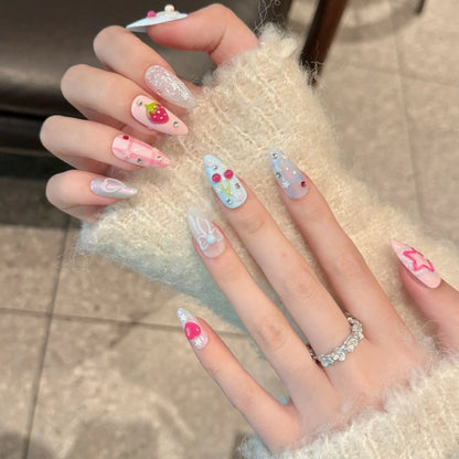 Handmade Press on Nails Ins Sweet Pink Blue Color Fake Nails for Girls Wearable 3D Cherry Love Star Korean Cute False Nail Tips Good Vibrations