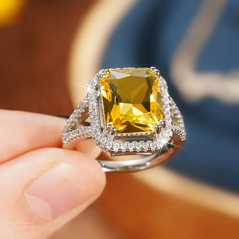 Elegant Yellow Water Drop Shaped Crystal Rhinestone Zircon Ladies Ring for Women Party Wedding Engagement Jewelry Size 6-10 Good Vibrations