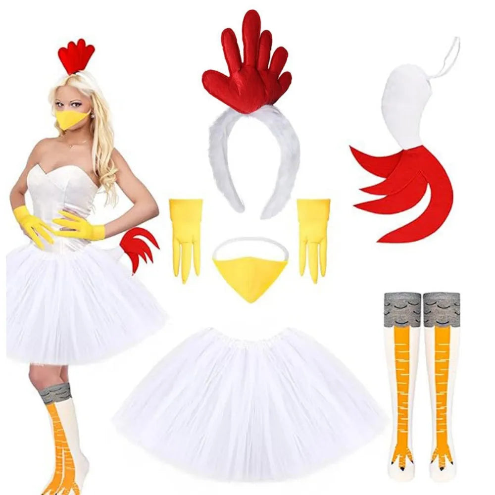 Chicken Costume Set Chicken Headband Tail Nose Gloves Tutu Skirt Socks for Women Halloween Rooster Dress up Thanksgiving Outfit Good Vibrations