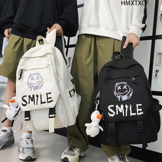 Pocket Front Backpack, Preppy Style Solid Color Nylon  Bookbag, Kawaii Large Capacity Double Handle School Bag Good Vibrations
