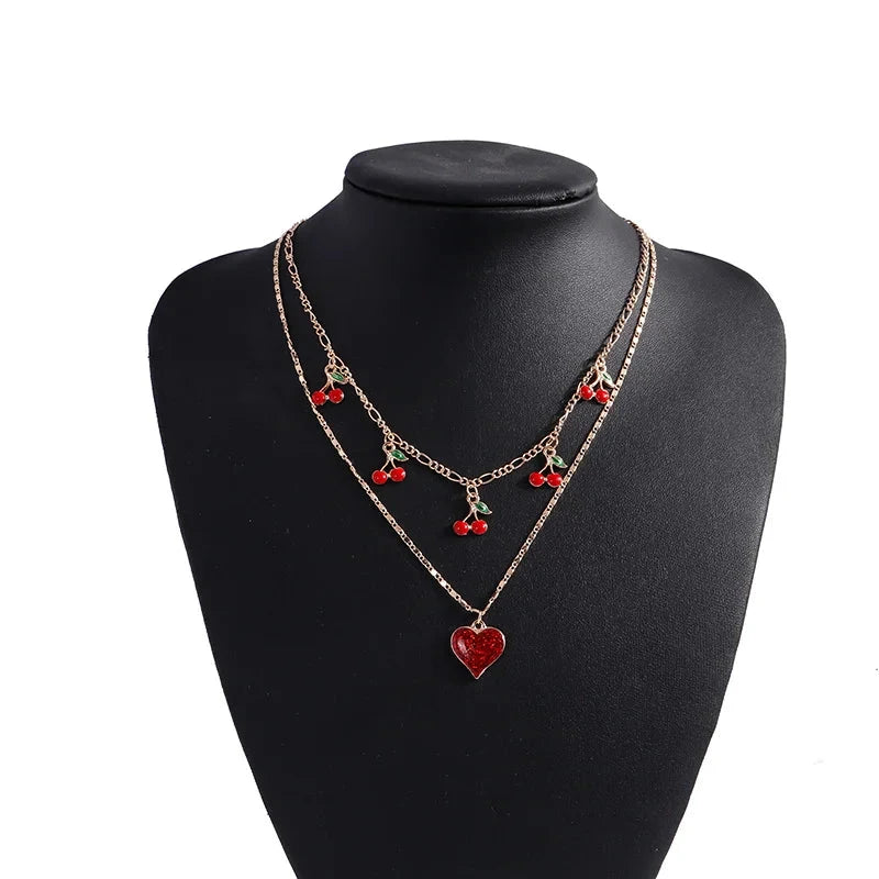 Aihua Boho Gold Color Red Heart Cherry Necklace Romantic Sweet Simple Clavicle Necklaces for Women Collar Fashion Jewelry Gifts Good Vibrations