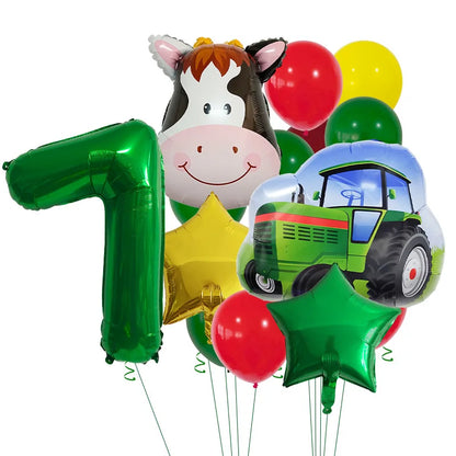 14pcs Farm Themed Tractor Milk Cow Head Balloon 32 inch Green Number Birthday Balloon Set Festive Party Decoration Birthday Gift Good Vibrations