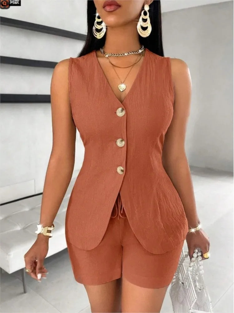 2025 New Women Fashion Casual Set Of 2 Pieces Summer Top Button Elegant Solid Office Holiday Short Pant Suit Womens Clothing Good Vibrations