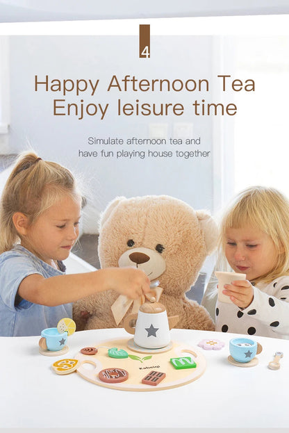 Wooden Kitchen Play Toys Kitchen Simulation Tea Set Afternoon Tea Activity Games Pretend Play Kitchen Accessories Toy for Kids Good Vibrations