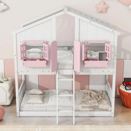 Floor House Bunk Bed with Roof and Window,Built-in Storage Box,Wooden Guardrails with Door/Ladder,Low Bunker Bed Twin Over Twin Good Vibrations
