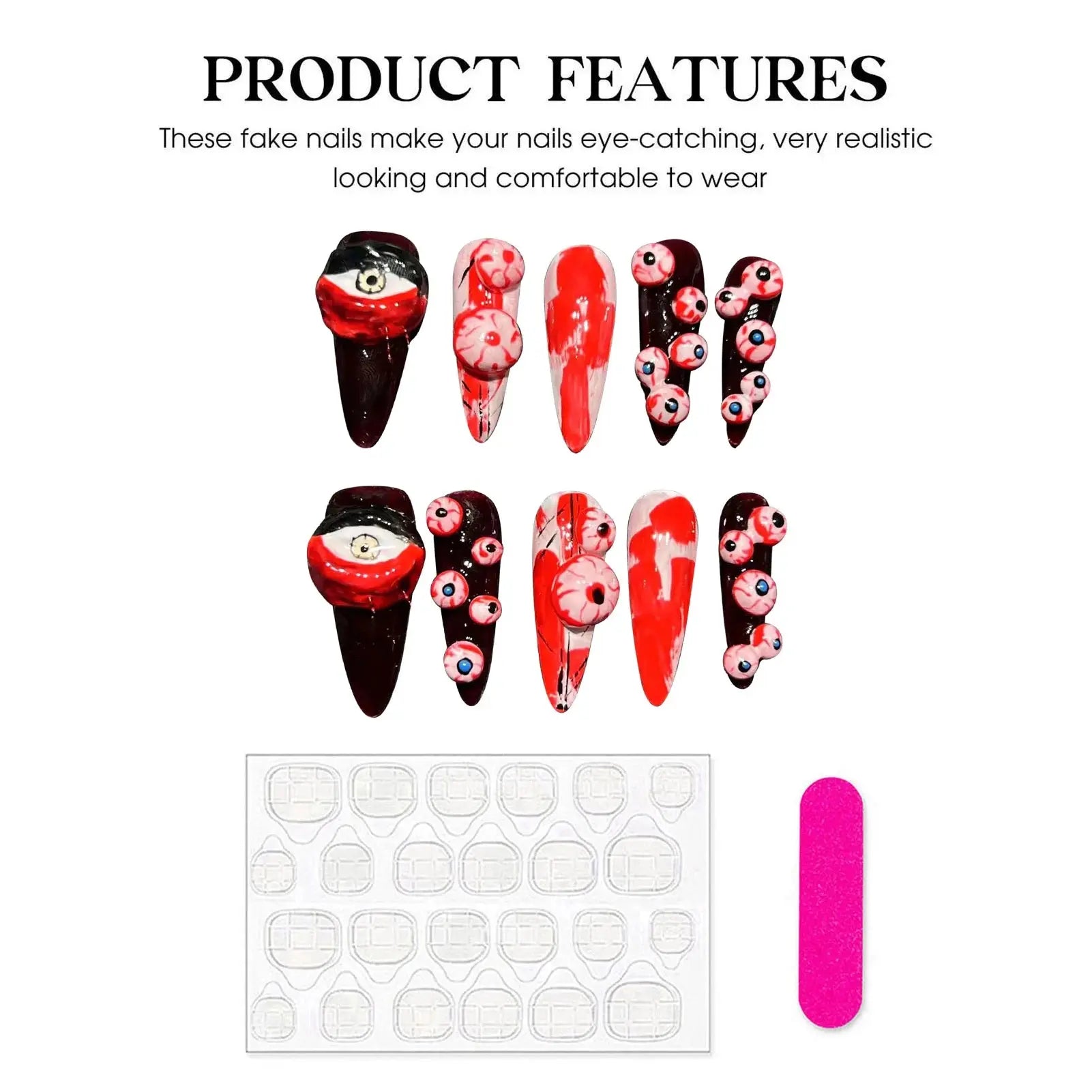 Handmade Press on Nails Punk Dark Style Halloween False Nails Black and Red Scary Eyeball Design Long Almond False Nails Good Vibrations