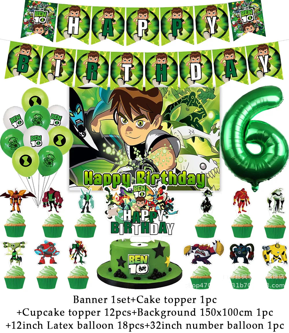 Cartoon Ben-10 Birthday Party Decoration Balloons Favor Set Banner Cake Toppers Baby Shower Boys Gift Party Supplies Photo Prop Good Vibrations