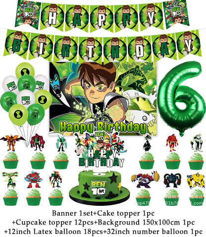 Cartoon Ben-10 Birthday Party Decoration Balloons Favor Set Banner Cake Toppers Baby Shower Boys Gift Party Supplies Photo Prop Good Vibrations