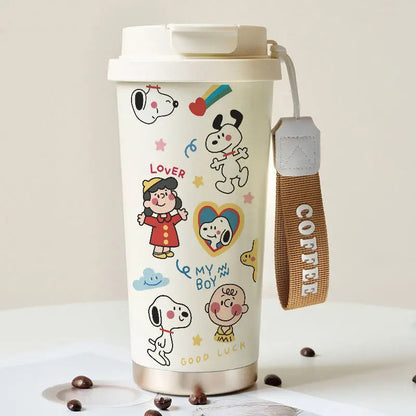 Cartoon Cute Snoopy Anime Peripheral Thermos Cup Women's Heart Stainless Steel Large Capacity Coffee Cup Straw Water Cup Gift Good Vibrations
