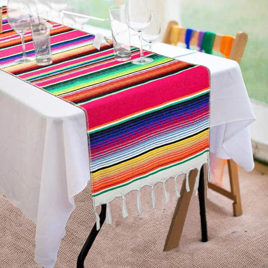 Mexican Pinata Party Serape Colorful Striped Fringe Cotton Table Runner Decorations Hand Woven Blanket Home Wedding Table Cover Good Vibrations