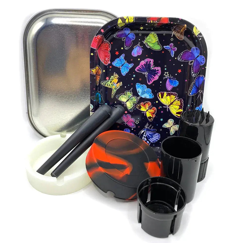 Smoking set with cigarette plastic herb grinder, silicone ashtray, metal rolling tray, and storage tube container, colorful butterfly design.