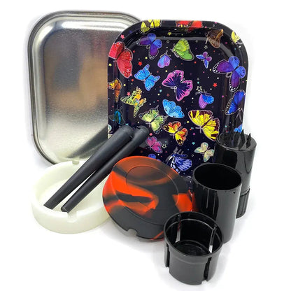 Smoking set with cigarette plastic herb grinder, silicone ashtray, metal rolling tray, and storage tube container, colorful butterfly design.