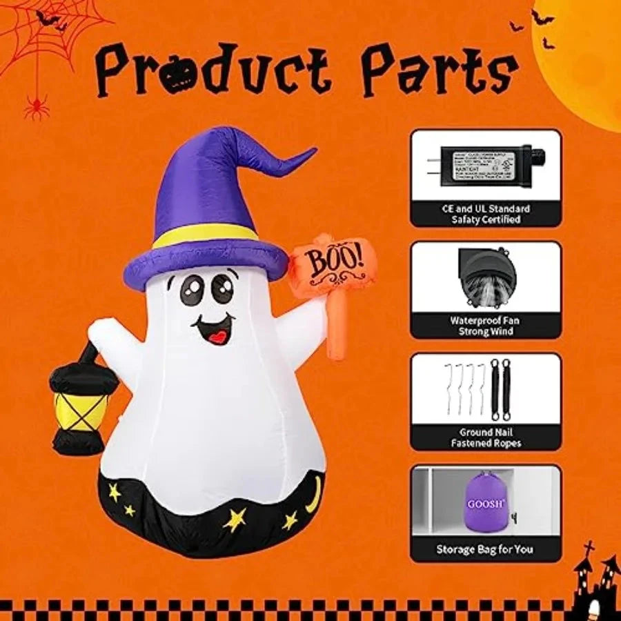 5 FT Halloween Inflatables Ghost Outdoor Decorations Blow Up Yard Cute Wizard Ghost with HandHeld Light and Builtin LEDs for Ga Good Vibrations