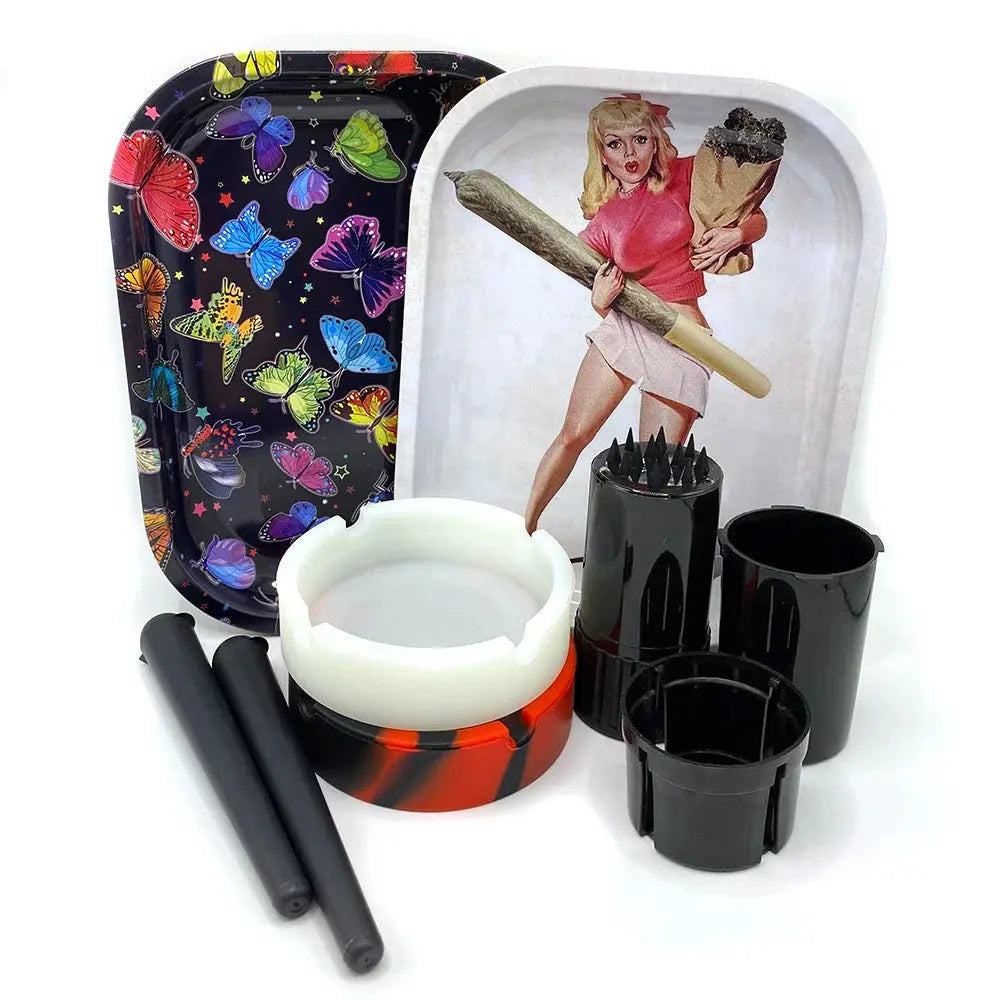 Smoking set with colorful rolling trays, plastic herb grinder, silicone ashtray, and storage tubes.