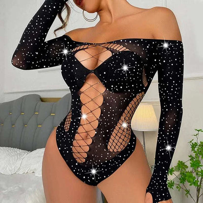 Women’s fishnet rhinestone bodysuit with long sleeves and hollow design, sexy and transparent.