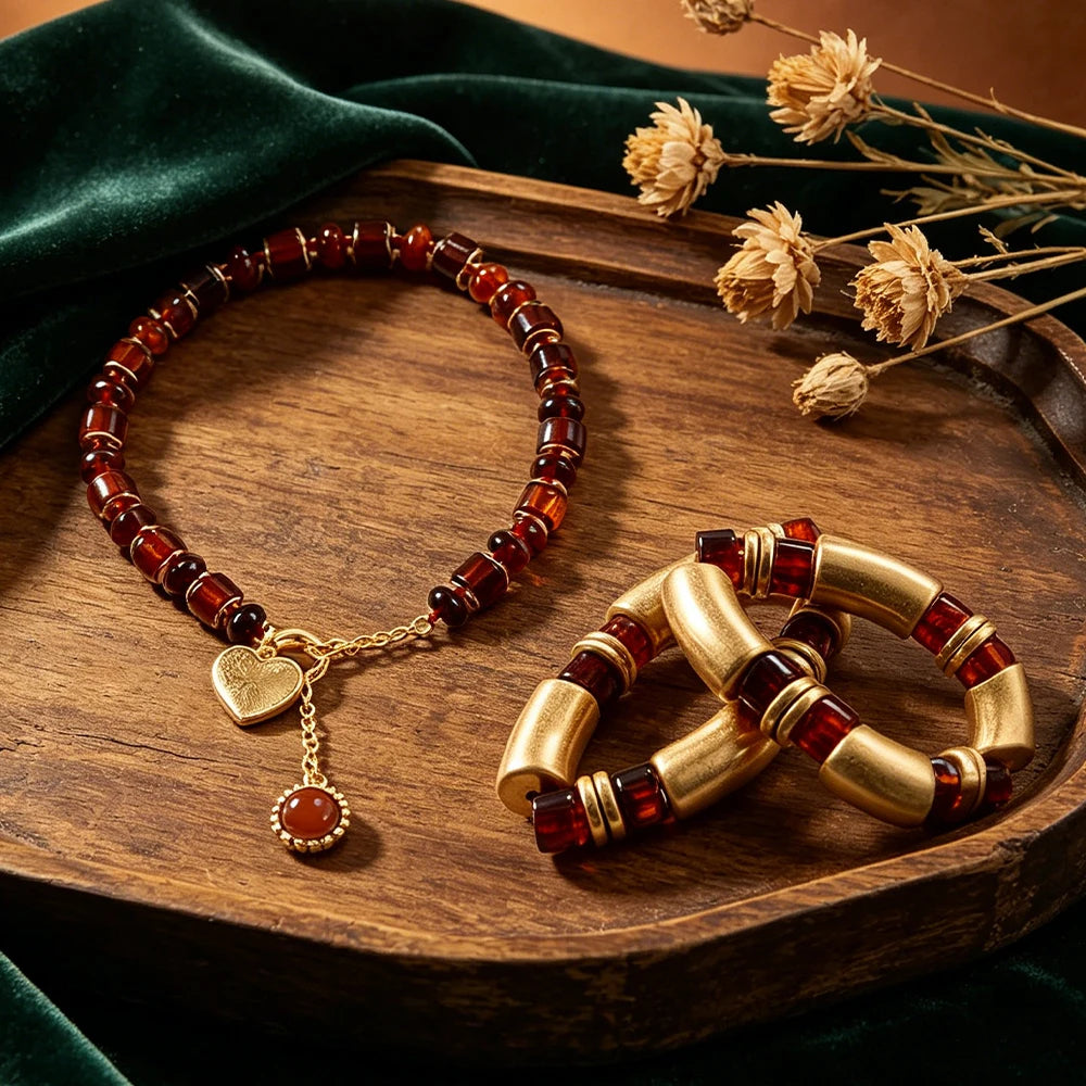 Women's Amber Tone Beaded Jewelry Set with Gold Tone Charms - Statement Necklace And Stackable Bracelets for Everyday Use Good Vibrations