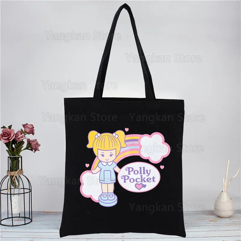 Kawaii Polly Pocket Shopping Bag Women Canvas Tote Bags Printing Eco Bag Cartoon Shopper Shoulder Bags Black Good Vibrations