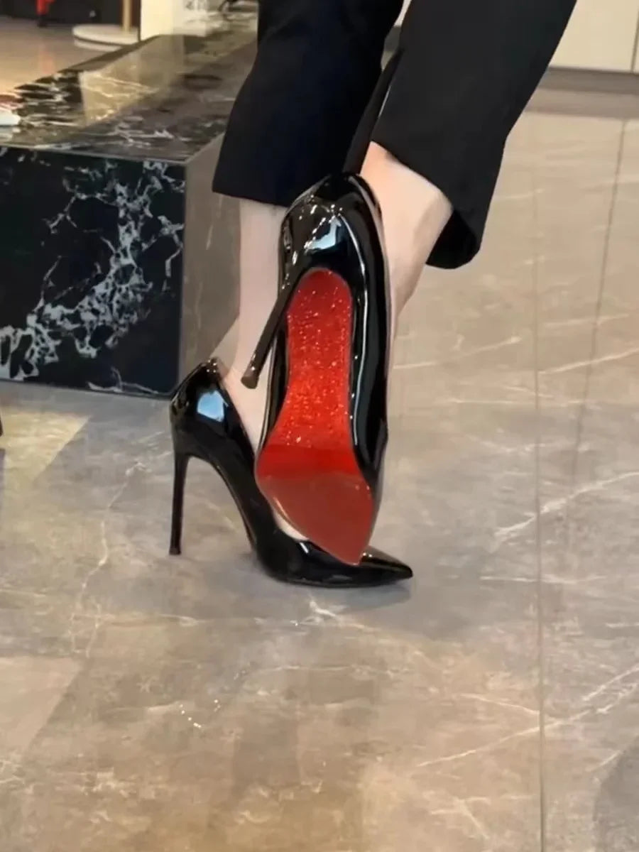 High Heels Women's Slim Heels New Stunning and Sexy Wedding Shoes Black Patent Pointed Single Shoes High Heels Туфли Женские Good Vibrations