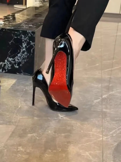 High Heels Women's Slim Heels New Stunning and Sexy Wedding Shoes Black Patent Pointed Single Shoes High Heels Туфли Женские Good Vibrations