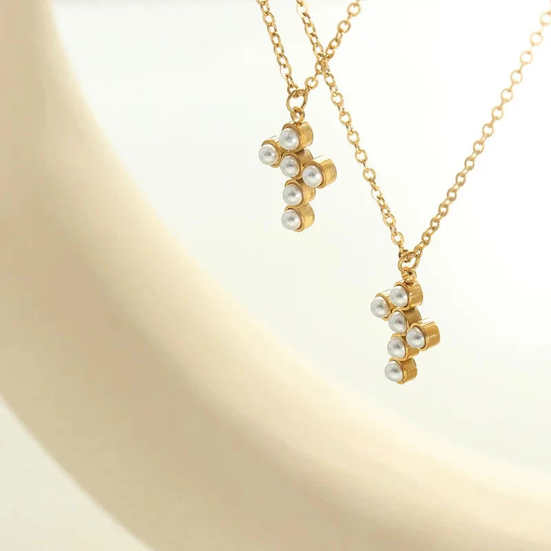 Cross Necklace Imitation Pearl Inlaid Luxury Necklaces 316L Stainless Steel Chain Non-allergic High Quality Jewelry Wholesale Good Vibrations