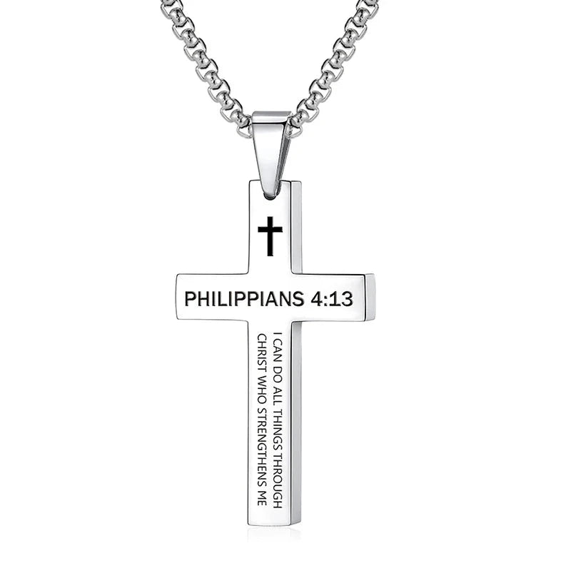 Christian Bible Verse Cross Pendant Necklace Stainless Steel Religious Scripture Prayer Jewelry Gifts Good Vibrations