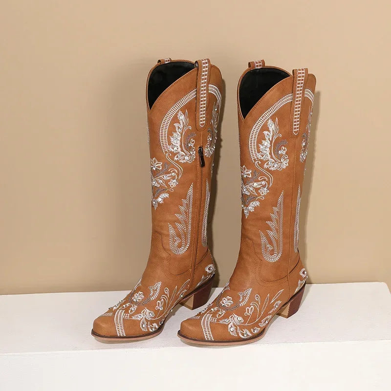 Western Cowboy Knee High Boots for Women Embroidery Flower Rhinestone White Brown Round Toe High Heels Retro Cowgirl Long Boots Good Vibrations