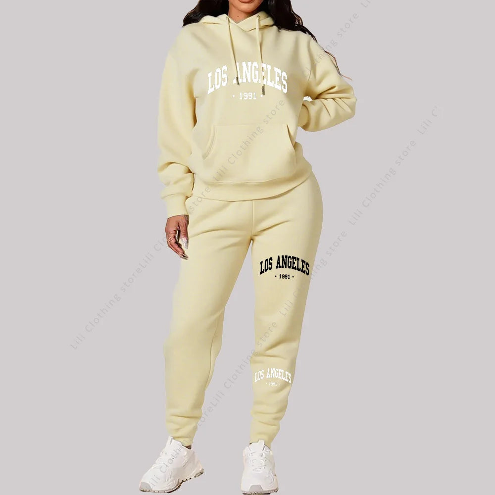 Women Sets Hoodies Pants 2 Piece Outfits Aesthetic Sportswear Sweatsuit Los Angeles Letter Print Suit Ladies Tracksuit Plus Size Good Vibrations