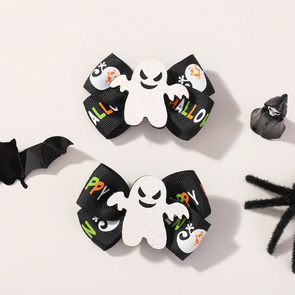 2Pcs Halloween Kids Hairpin Set Handmade Grosgrain Ribbon Bows DIY Pumpkin Spider Decoration Headwear Hair Accessories for Girls Good Vibrations