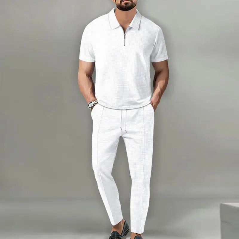 2025 Spring and Autumn New Men's Solid Color Set Lapel Short Sleeve Zipper Pants Set suits for men Good Vibrations