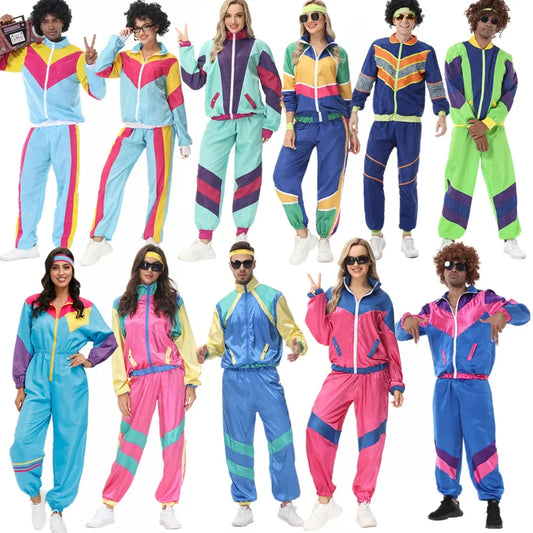 vintage 70s and 80s retro couples hippie disco costumes with colorful tracksuits and funky accessories